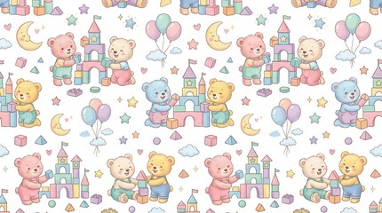 Fototapeta premium Cute teddy bears build imaginative castles with colorful pastel blocks, moons, and stars