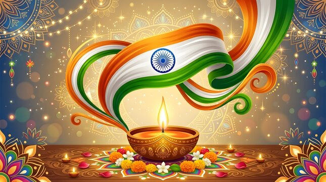 Vibrant diwali celebration with indian flag and traditional diya lamps
