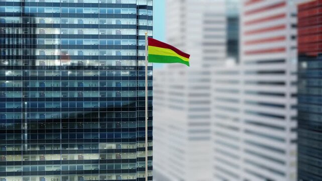 Bolivia Flag 3D Render Animation on Pole with Modern City Buildings - Shallow Depth of Field, Daytime View