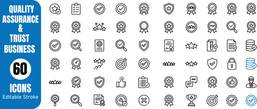 Sixty quality assurance and trust business icons set editable stroke vector graphics