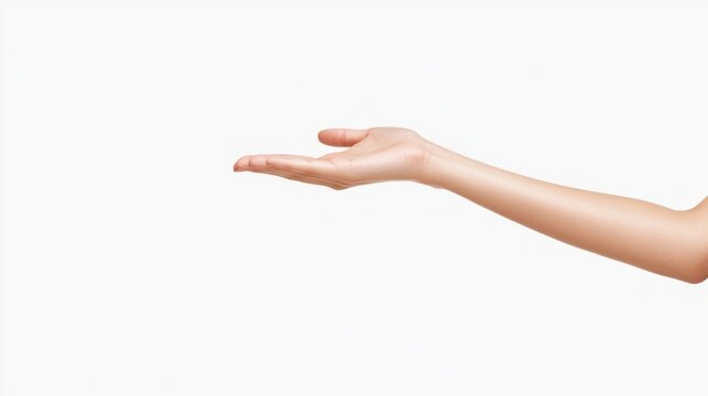 Woman's hand open, offering, white background, studio, product placement