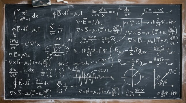 Complex mathematical equations and physics formulas written with white chalk on a dark dusty blackboard