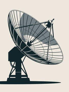 Large communications satellite dish receiving signal transmission on a light background