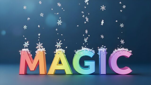 Colorful 3D letters spelling magic with snowflakes falling against a deep blue