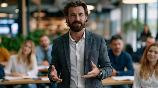 A human resources director delivers a team resilience training in a sunlit open office, employees seated at pushed-together desks with wellness workbooks, the session designed as a proactive burnout