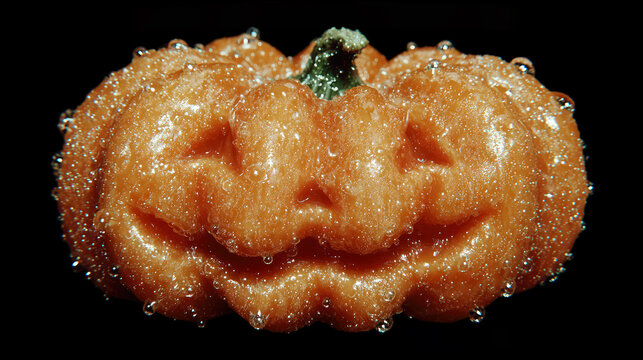 A cute Halloween pumpkin with a carved face and a bright orange, liquid, caramelized texture on a black, with stretched and dripping drops