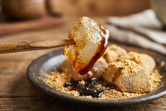 Macro close up of Japanese summer dessert warabi mochi jelly cube being lifted by a wooden pick