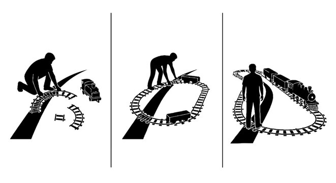Three stage process of human evolution depicted in silhouette.