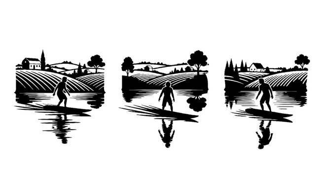 Silhouette of a person walking in a serene vineyard landscape.