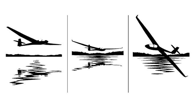 Three vintage biplanes flying over water waves.