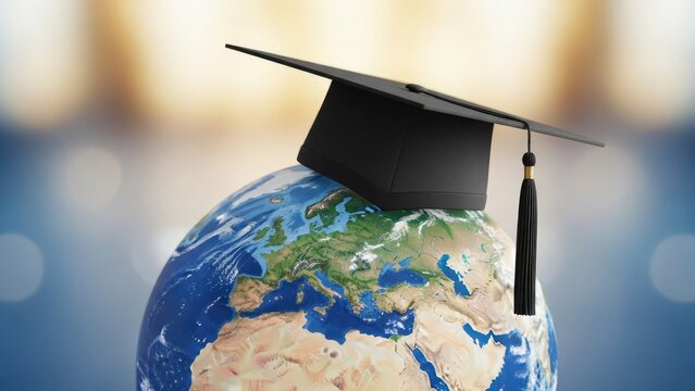 Graduation cap on Earth globe with bokeh background.