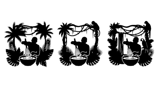 Silhouette of musicians playing instruments in tropical jungle setting.