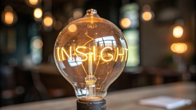 Vintage light bulb with glowing word "INSIGHT" in cozy cafe setting, warm ambiance and artistic decor featured in background
