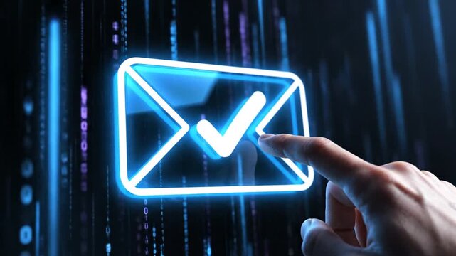 Finger touching glowing blue digital envelope icon with checkmark against dark binary background