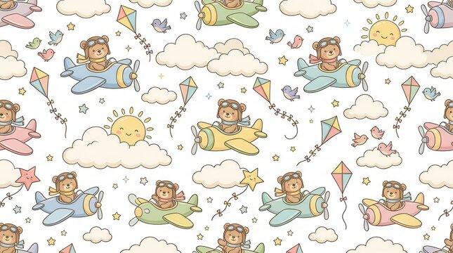 Happy bears fly planes with clouds, kites, birds, and smiling sun pattern