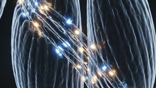 Muscle tissue regenerating during recovery and sleep, soft glowing repair signals moving rhythmically through transparent muscle fibers
