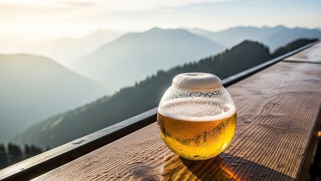 Cold beer glass on wooden deck overlooking misty mountains