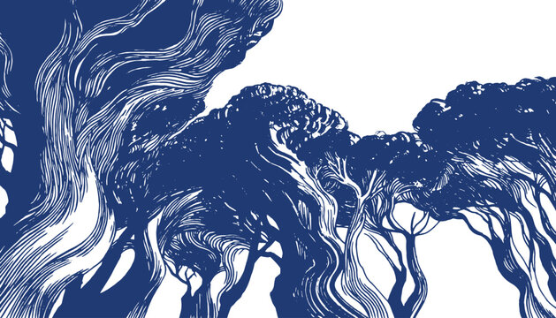 Hand drawn line art forest background featuring twisted tree trunks and dense woodland canopy with engraved linework. Dramatic natural scene for book covers, wallpaper, packaging and editorial layouts