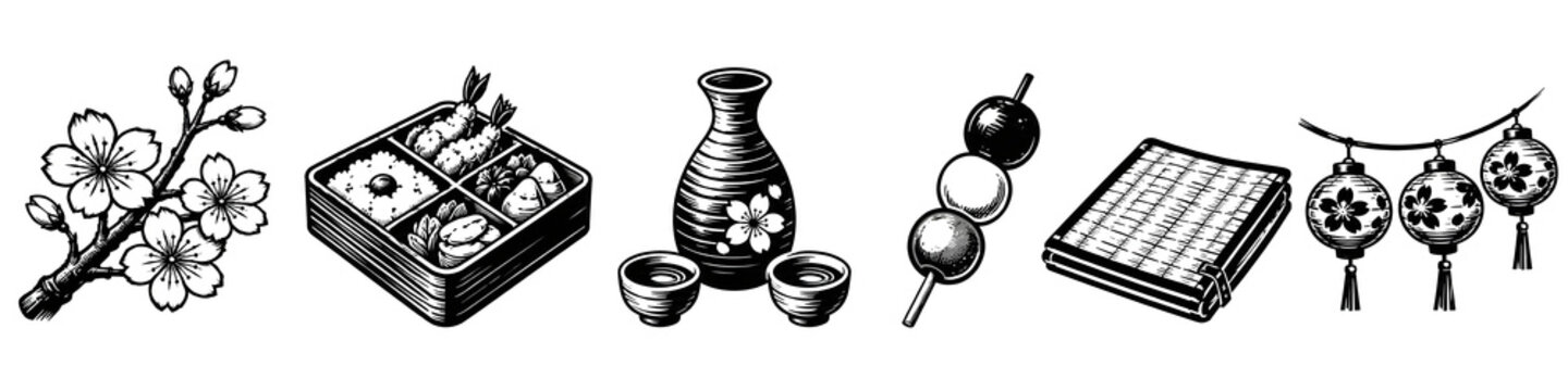 Japanese Hanami Picnic Icon Set &ndash; Cherry Blossoms, Bento Box, Sake Set, Dango, Picnic Mat and Decorative Lanterns