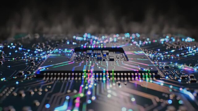 Microchip surface glowing, flowing data signals, extreme macro view of processor circuitry, electronic pathways forming digital network across semiconductor board representing advanced computing tech