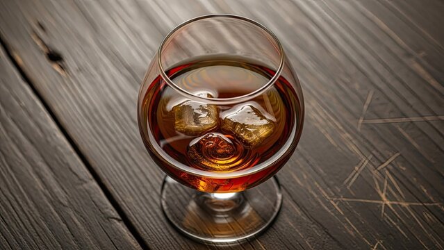 Glass of whiskey with ice on dark wooden table.