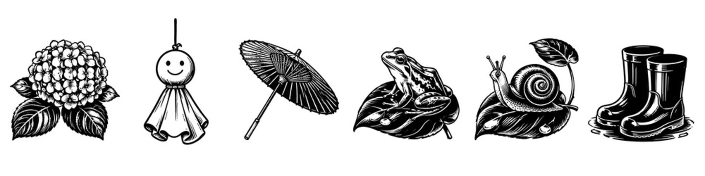 Japanese Rainy Season Icon Set &ndash; Hydrangea, Teru Teru Bozu, Traditional Umbrella, Frog, Snail and Rain Boots