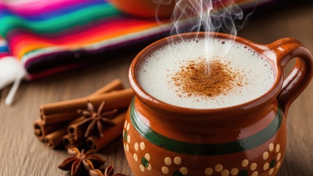 Hot Mexican chocolate in clay mug with cinnamon spices