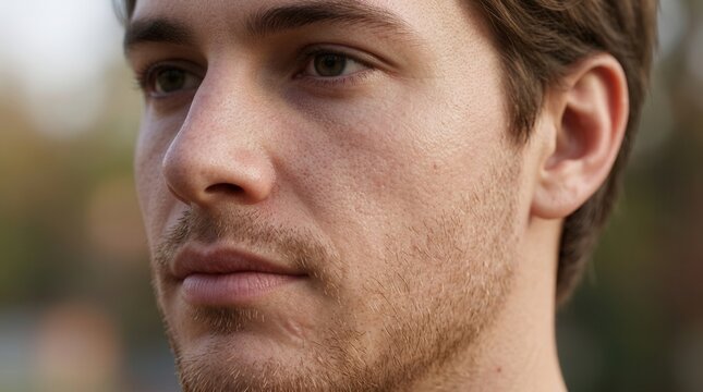 Close up portrait of a young man with detailed skin texture and natural stubble in soft daylight