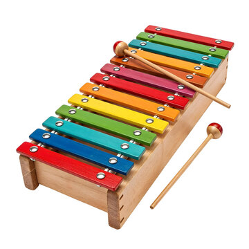 Rainbow wooden xylophone with mallets isolated on transparent background