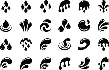 Fototapeta premium Set of water drop and liquid splash elements in various abstract fluid forms and shapes on a transparent background.