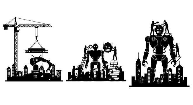 Robotic Construction Scene with City Skyline Silhouette.