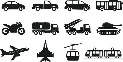 Military and Civil Transportation Black Silhouette Icon Set Featuring Passenger Cars Trucks Tanks Fighter Jets Rocket Launchers and Public Transit Vectors © rumi
