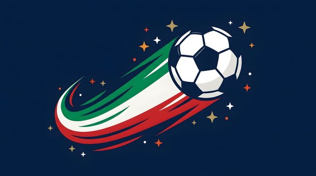 Soccer ball flying with Italian flag trail on a dark blue background style