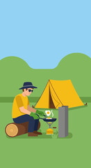 Fototapeta premium Outdoor Camping Cooking Scene With Man Preparing Breakfast