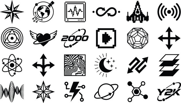 Y2K Retro Futuristic Cyberpunk and Acid Graphics Vector Icon Set Featuring Pixel Art Starbursts Planets Moon Waveforms and Streetwear Branding Design Elements