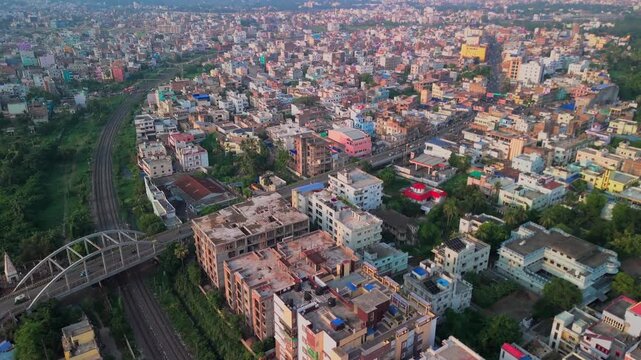 4K Aerial Top down Buildings and Apartment with Multiple Building aerial. Urban Buildings and Apartment at bridge road at Delhi. Cinematic cityscape drone shot. Noida Buildings.