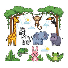 Obraz premium Cute cartoon jungle and safari animals set with trees and clouds on white background.