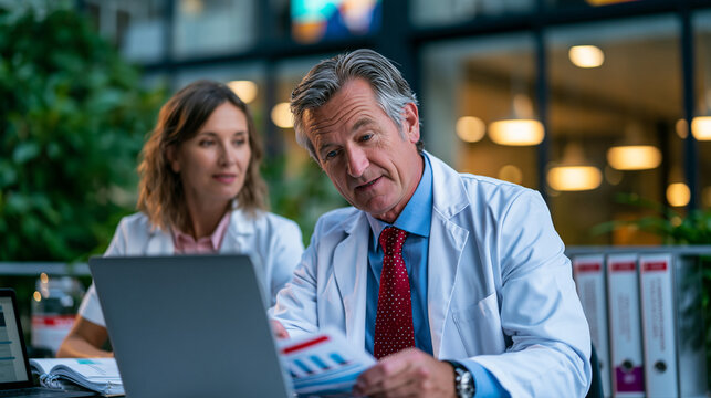 Health system efficiency consultant reviewing patient pathway cost data with a hospital department head in a glass-walled office, printed reform case study binders stacked beside a laptop, natural l
