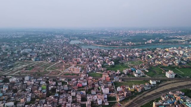 4K Aerial Top down Buildings and Apartment with Multiple Building aerial. Urban Buildings and Apartment at bridge road at Delhi. Cinematic cityscape drone shot. Noida Buildings.