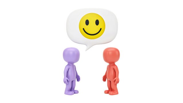 Two colorful 3d character figures standing and communicating with a floating yellow smiley face speech bubble icon isolated in a bright studio setting on transparent background