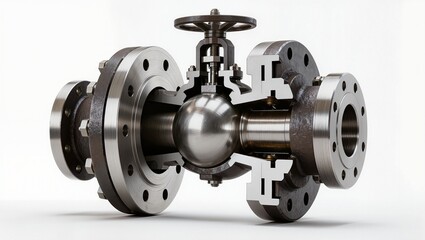 Naklejka premium Flanged trunnion ball valve handwheel stem cutaway, white background