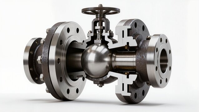 Flanged trunnion ball valve handwheel stem cutaway, white background