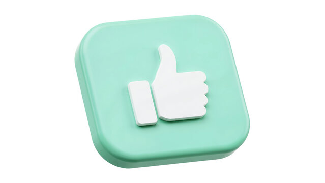 Three dimensional thumb up icon featuring a smooth mint green square button with a bold white hand gesture isolated as a simple render on transparent background