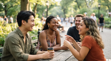 Fototapeta premium group of friends enjoying a summer day in the city, symbolizing global unity, friendship, and authentic social connection