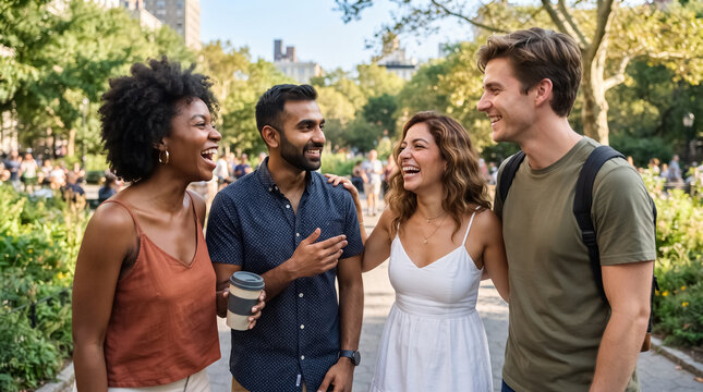 group of friends enjoying a summer day in the city, symbolizing global unity, friendship, and authentic social connection