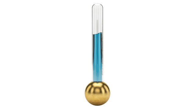 A realistic scientific laboratory thermometer with a shiny golden metal base and bright blue liquid inside the glass tube isolated on white on transparent background
