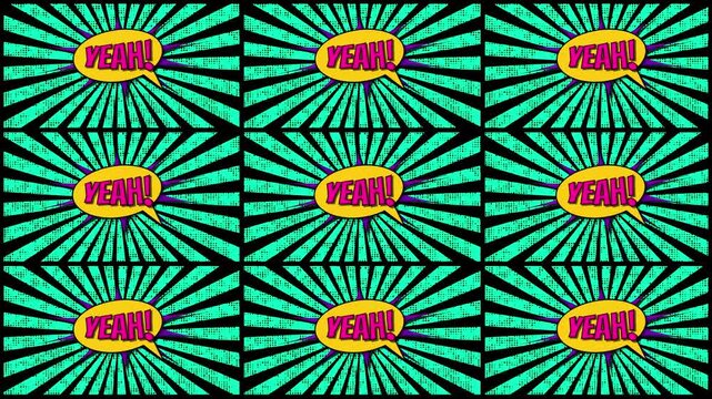 Vibrant Pop Art Comic Book Repeating Grid Loop Animation Featuring The Exclamation Yeah Inside Colorful Speech Bubbles And Explosive Splashes Over Rotating Radial Sunburst Backgrounds With Vintage Ret