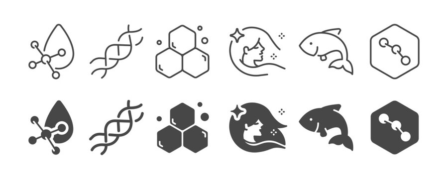 Collagen icon set. It includes icons for facial, healthy skin, protein, amino acids, beauty, and more.