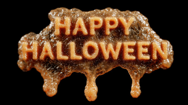 The inscription HAPPY HALLOWEEN in capital letters with an orange, wax, honey texture, drops stretch and flow. The text is three-dimensional on a black. Atmospheric Event Screensaver and Decoration