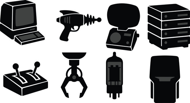 Collection of Technology and Machine Silhouettes Featuring Computers, Ray Gun, Server, and Robotic Claw